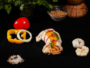 COXA FRANGO RECHEADA C/ ALHEIRA E COGUMELOS